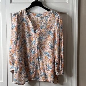 a.n.a Floral V-Neck Blouse - Cream with Blue & Mustard